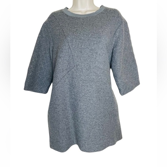 Women’s Gray Wool blend Short Sleeve Sweater Size L Tunic Length Pockets Lined - Picture 1 of 10